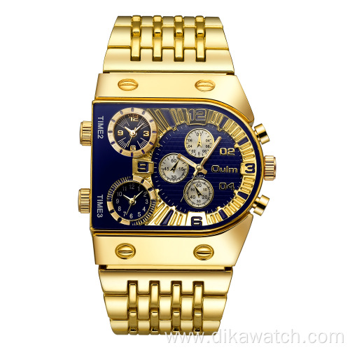 Original Golden D Shape Big Dial Watch With Chain Stainless Steel Strap Men's Quartz Watches Multi Time Zone Luxury Wristwatch